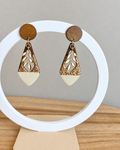 Boucles d’oreilles en bois, marron, doré et beige