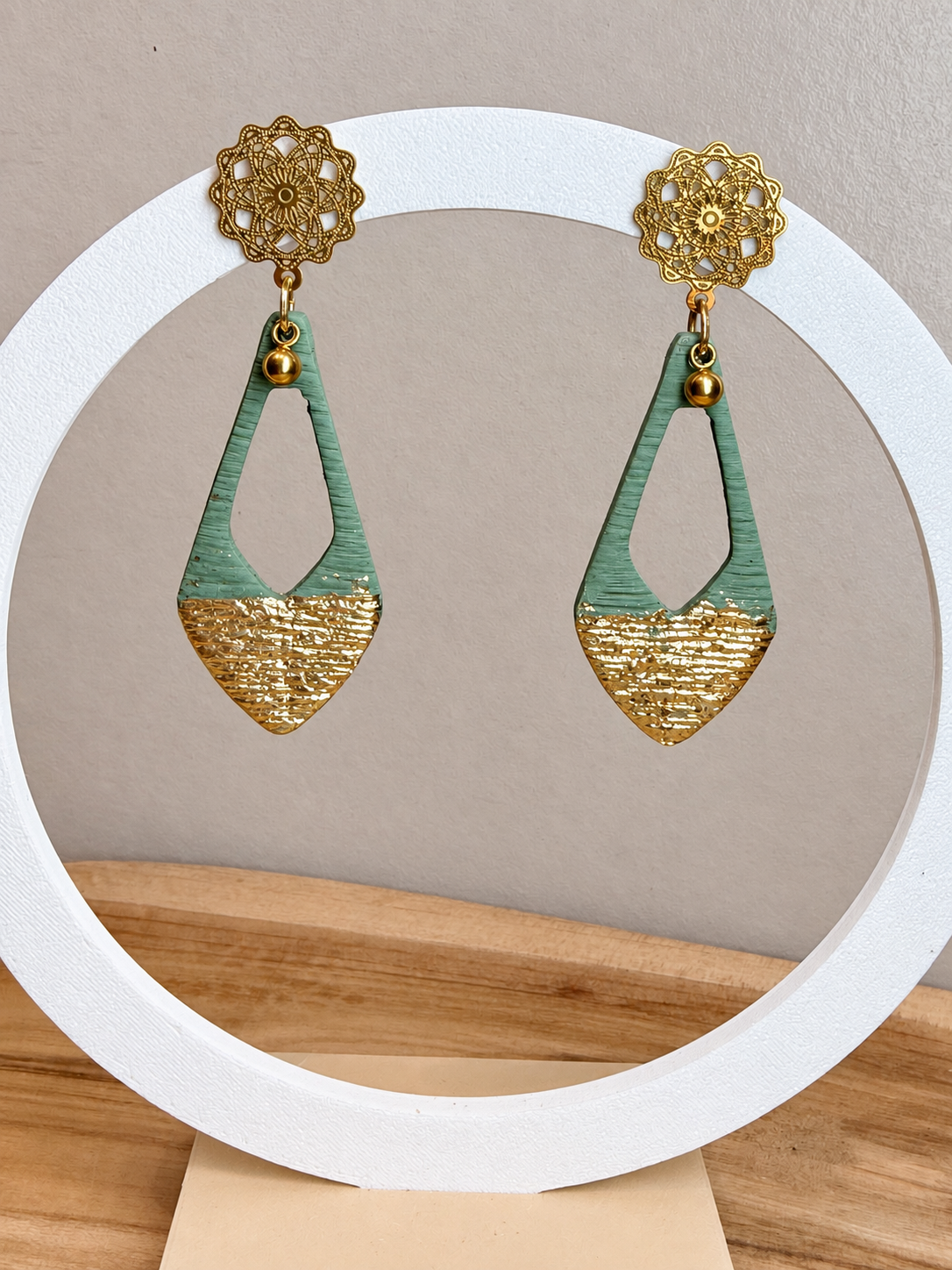 Boucles d’oreilles, vertes et dorée en acier inoxydable