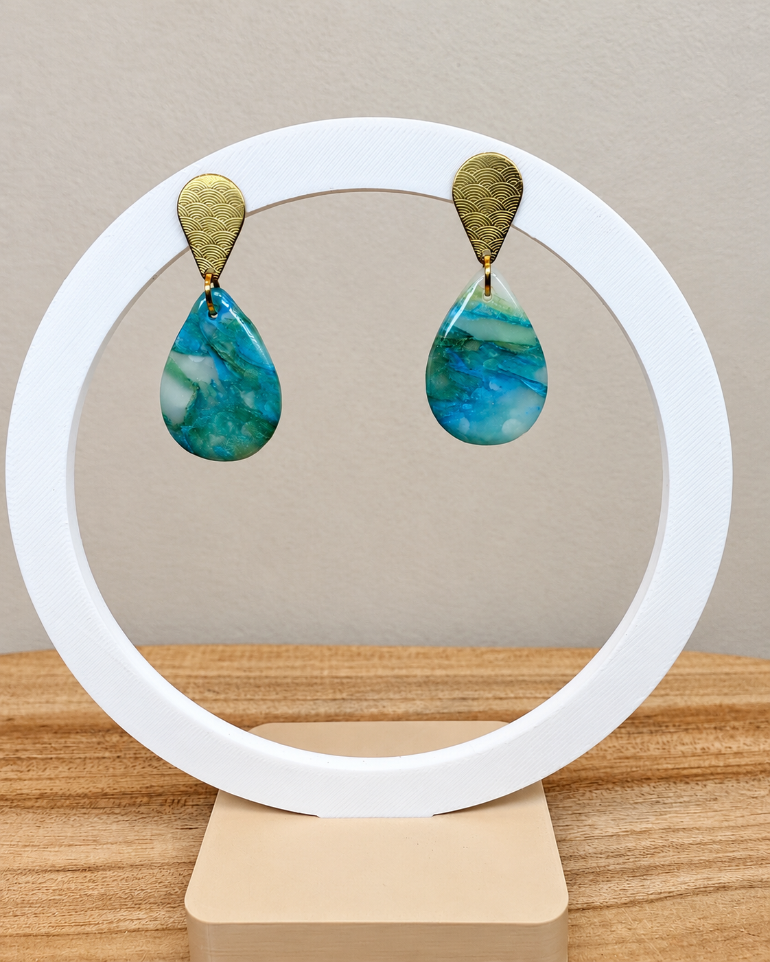 Boucles d’oreilles, acier inoxydable, bleu et vert effet Pierre